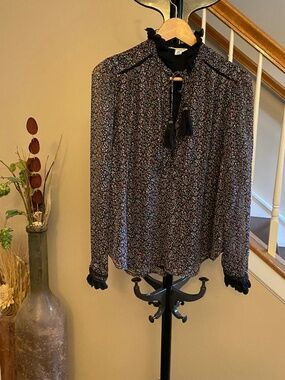 Allison New York Ruffle Trim Lace Detail Black Floral Blouse Size Medium